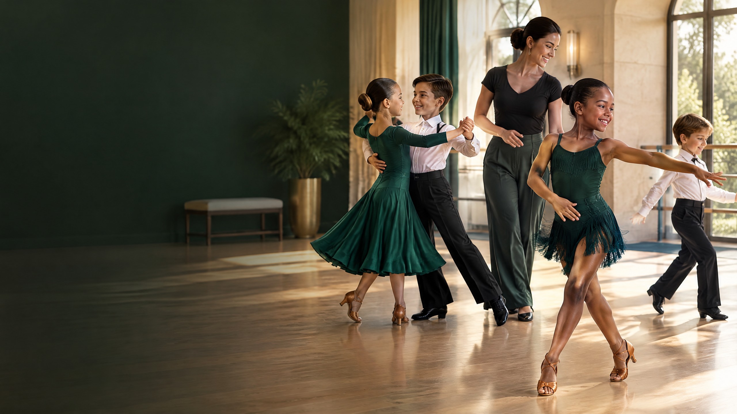 Children learning Latin and ballroom dance with an instructor